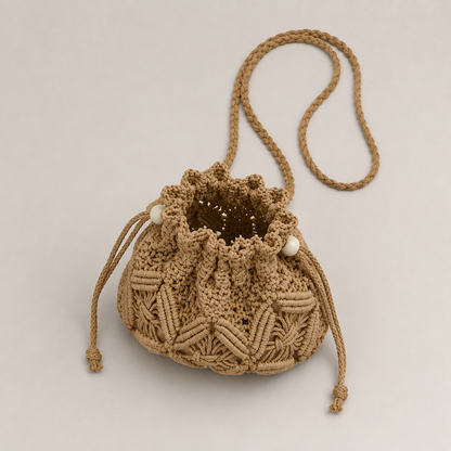 Macrame Drawstring Pouch side view