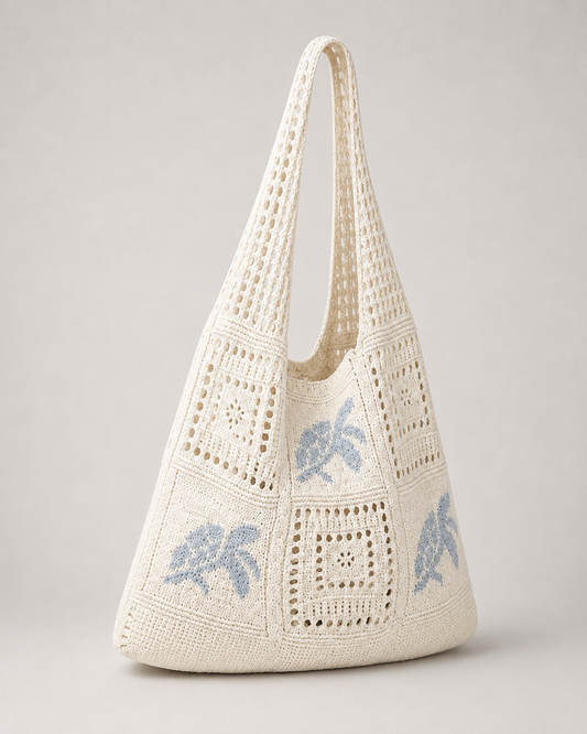 Embroidered Crochet Tote front view